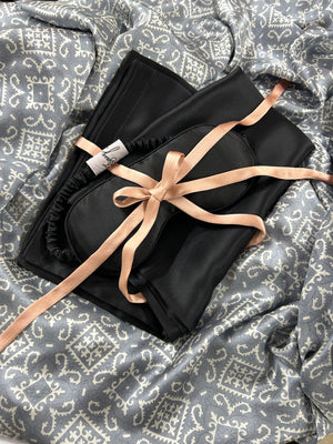 The Melo Gift Set: Organic Ahimsa Peace Silk Pillowcase and Sleep Eye Pillow in Ebony Noir